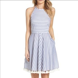 Eliza J blue and white striped tasseled dress